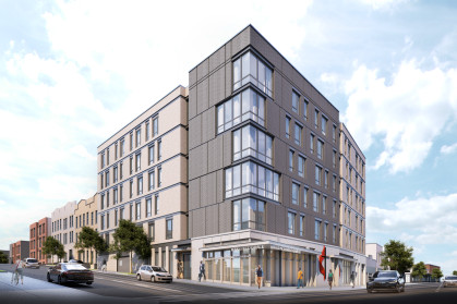 A rendering of the six-story building at the corner of White Plains Road and Penfield Street. 